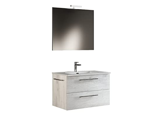 Mama Store ERA 80 - Mobile Bagno Sospeso 80 CM QUERCIA BIANCO con Lavabo, Specchio e Lampada LED, L.81 X P.47 X H.53 cm