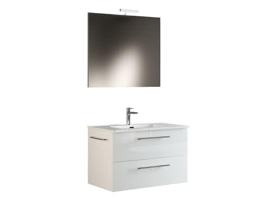 Mama Store ERA 60 - Mobile Bagno Sospeso 60 CM BIANCO LUCIDO LACCATO con Lavabo, Specchio e Lampada LED, L.62 X P.47 X H.53 cm