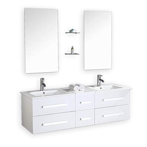 Simba Srl Mobile Bagno ARREDO Bagno Completo 150 CM Doppio LAVABO RUBINETTI Inclusi Nuovo IMBALLATO MOD White Rome