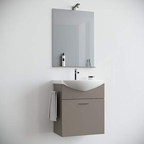 MarinelliGroup Mobile Bagno salvaspazio sospeso 60 cm Tortora Opaco con lavabo in Ceramica Specchio e Luce Papavero