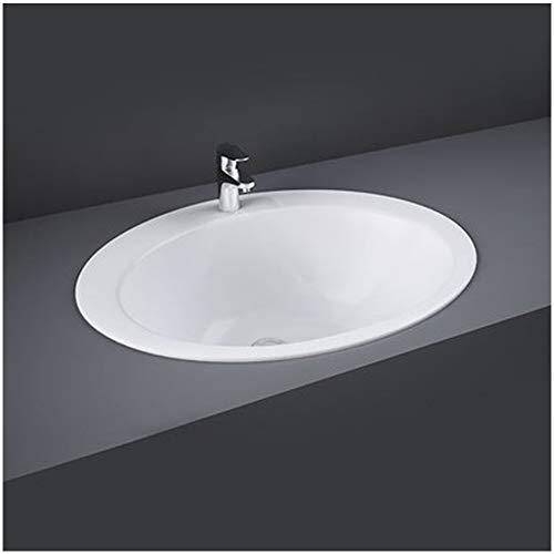 Lavandino da incasso bagno soprapiano 53 x 43,5 cm, design slim ovale in ceramica bianca lucida con predisposizione per rubinetto 3 fori