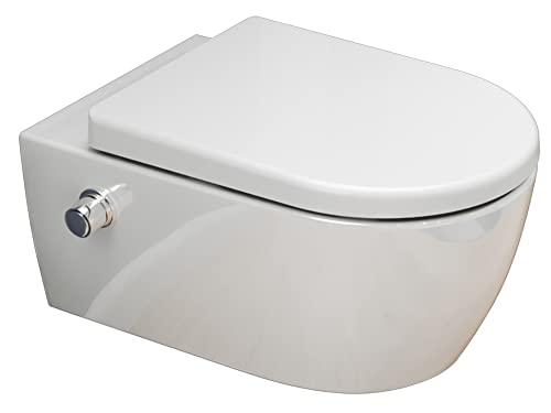 WC Taharet senza brida con rubinetteria, sedile Softclose removibile e rivestimento doccino/WC, toilette con doccino intimo con funzione bidet, Shattaf