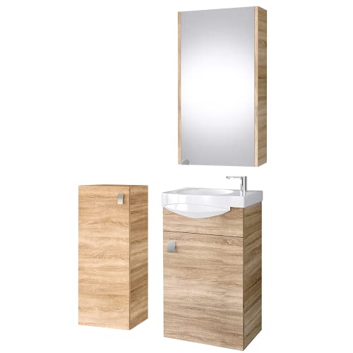 Planetmöbel Set da bagno completo di base 40 cm con lavabo, specchiera e 1x mobile midi in rovere Sonoma, set completo per bagno 4 pezzi.