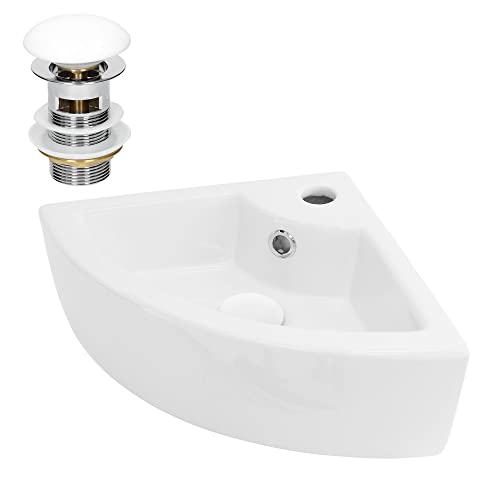 ML-Design Lavabo ad Angolo d'Appoggio in Ceramica Bianco 46 x 33 x 13 cm Lavandino Angolare a Parete Troppopieno Foro per Rubinetto Lavello Bagno WC Ospiti Design Moderno incl. Piletta Push-Open