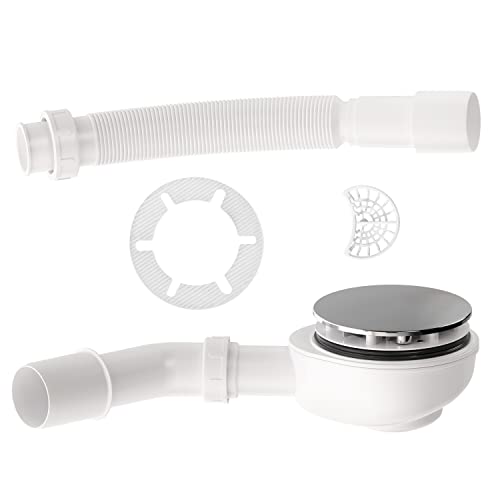 Set AQUABAD® per piatto doccia - combinazione sifone extra sottile cromata Ø 90 mm + arco di scarico + filtro per capelli + lubrificante