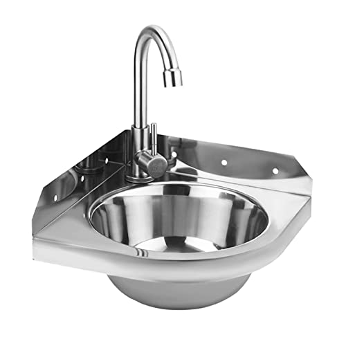 Lavabo Triangolare in Acciaio Inossidabile, Lavandino Commerciale per Lavamani con Rubinetto per Acqua Calda e Fredda, Lavandino per Vasche da Bagno Piccolo Vanity Angolare per Montaggio a Parete in A