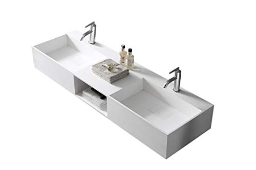 Doppio lavabo sospeso TWG235 in pietra solida - 150 x 45 x 20 cm bianco opaco