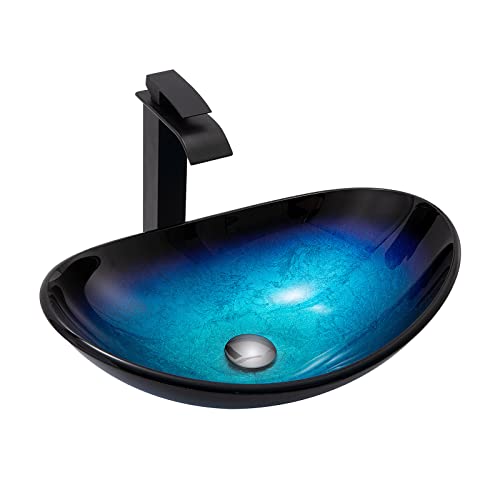 YEHEI Lavandino da Bagno con Rubinetto Nero, Lavabo in Vetro Temperato Artistico con Scarico Pop-Up, Lavabo da Appoggio con Accessori, Ovale