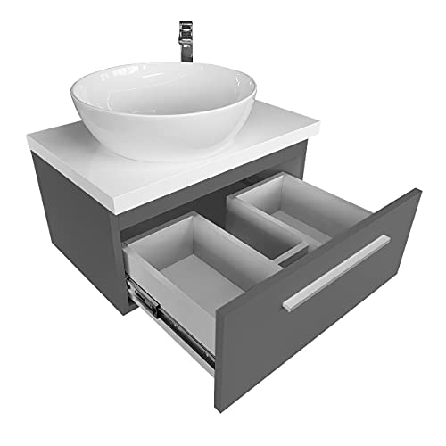 Lavabo da appoggio con mobiletto da lavabo con piastra, 60 cm, sospeso ovale, in ceramica, set di mobili da bagno, grafite