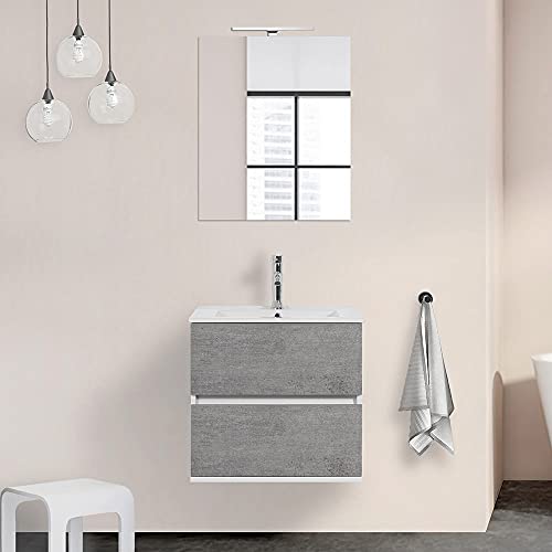 Mobile bagno sospeso con lavabo in ceramica e specchio, cassetti e ante a chiusura rallentata, 3 colorazioni disponibili (60 cm 2 cassetti, Grigio cemento)