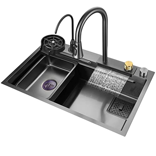 Lavello da Cucina A Vasca Singola Nano Nero 304 Lavello da Bar A Cascata in Acciaio Inox Lavandino Multifunzione Fatto A Mano con Rubinetto Estraibile E Componenti di Drenaggio