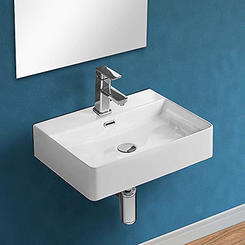 Lavabo in ceramica sospeso rettangolare, 3 larghezze disponibili, bianco lucido con foro miscelatore (Larghezza 50 cm)