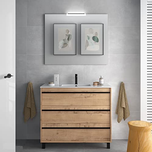 CAESAROO Mobile bagno a terra 100 cm Nevada in legno Rovere ostippo con lavabo in porcellana - 100 cm, Con colonna, specchio e lampada LED