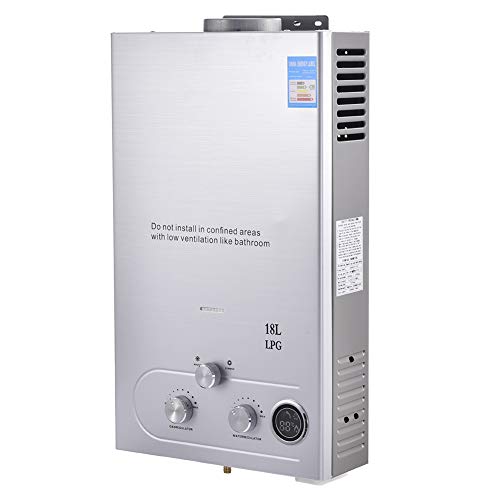 Scaldacqua Istantaneo a Gas, 18L 4,8 GPM,36kW , Scaldabagno Acciaio Inox, Gas Liquido GPL, Senza Serbatoio, con LCD Digitale, con Soffione, Doccia da Campeggio, RV