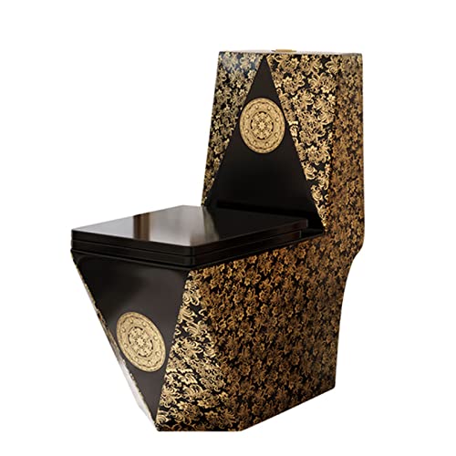 HIONRE Toilette in Ceramica Oro Nero per La Casa Lussuosa Tranquilla Comoda Altezza del Sedile Allungata Doppia Sciacquone Toilette Monopezzo Toilette con Sciacquone in STI C-350mm