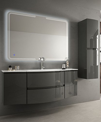Mobile bagno sospeso Vague antracite, cm 138, specchio a led, lavabo e colonna