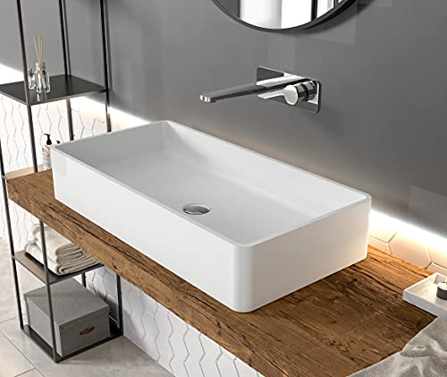 Lavabo da appoggio in solid surface PB2013-80 x 40 x 14,5 cm - bianco opaco