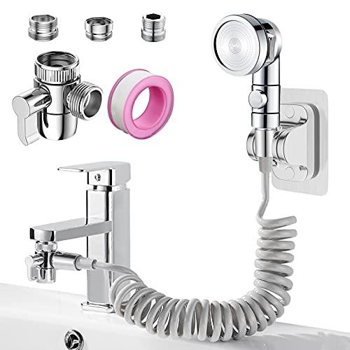 Doccetta per Lavandino, Roscid Set Soffione Doccia Telescopico Doccino con 3M Tubo, con Adattatore Aeratore Rubinetto 24mm G1/2 per Rubinetto del Bagno, Rubinetto del Cucina (Rubinetto non Incluso)