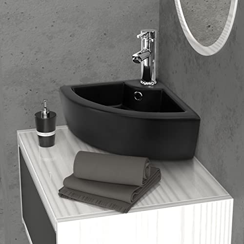 ML-Design Lavabo ad Angolo d'Appoggio in Ceramica Nero 46 x 33 x 13 cm Lavandino Angolare a Parete con Troppopieno Foro per Rubinetto Scarico Design Moderno Lavello a Triangolo Bagno WC Ospiti