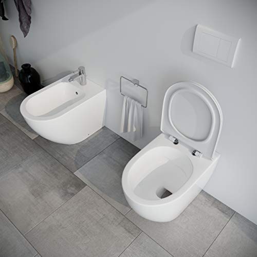 Sanitari bagno filomuro a terra RIMLESS Bidet e Vaso WC in ceramica con sedile coprivaso softclose Fast