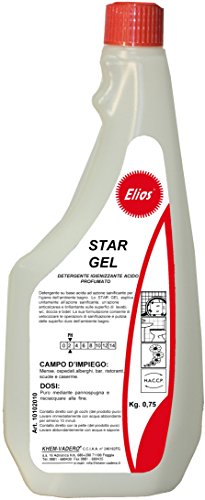 Elios - STAR GEL detergente su base acida ad azione sanificante per l'igiene dell'ambiente bagno. Lo STAR GEL esplica, unitamente all'azione sanificante, un'azione anticalcarea e brillantante sulle superfici di: lavabi, wc, doccia e bidet kg.0,75 - cartone 12 flaconi x kg.0,75