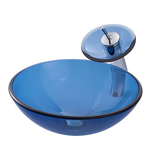 Shower Set Lavabo da Appoggio in Vetro Temperato, Lavandino del Bagno Tondo Blu Lavabo da Bagno Installazione da Banco Lavandino con Rubinetto a Cascata