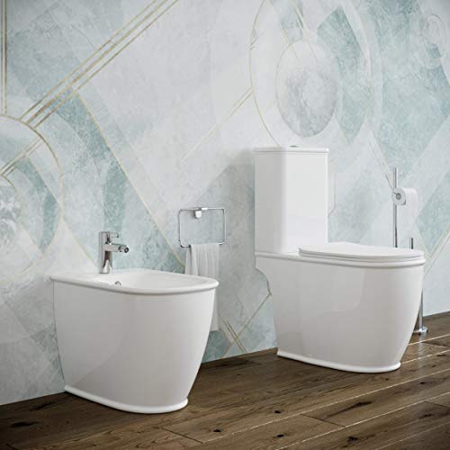 Sanitari bagno Bidet e Vaso WC monoblocco filomuro a terra con sedile coprivaso softclose e cassetta di scarico. Genesis