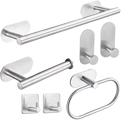 7 Pezzi Set Porta Asciugamani Bagno Completo Argento, Porta Asciugamani Bagno Adesivo in Acciaio Inossidabile da 40cm, Portarotolo, Anelli Porta Salvietta, 4 Pezzi Ganci Adesivi