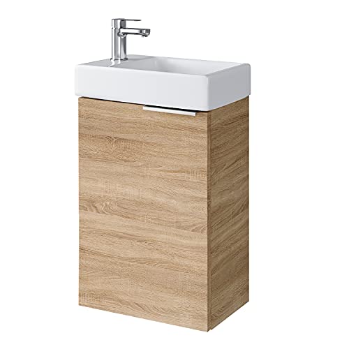 Planetmöbel Lavabo con mobiletto 40 cm in rovere Sonoma con lavabo e rubinetto in cromo, set di mobili da bagno per bagno, WC ospiti