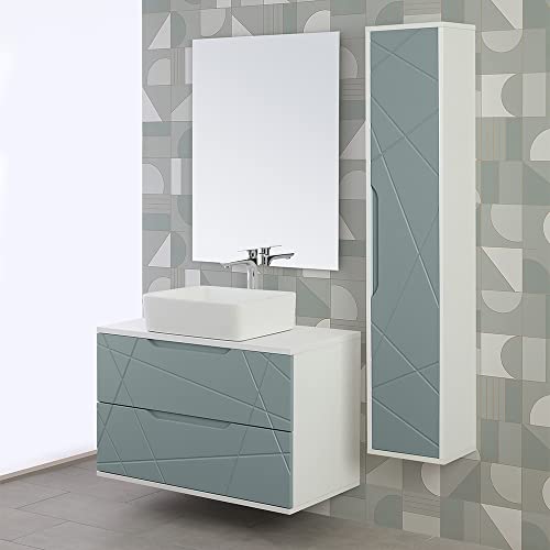 Mobile bagno sospeso 90 cm, COMPLETO di lavabo e specchio reversibile, legno nobilitato in vari colori, chiusura soft close Furore (Verde salvia)
