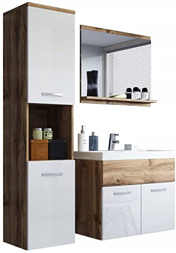 PIASKI - MONT000 Montreal, Set di mobili da bagno piccolo, lavabo incluso, colori assortiti (Bianco lucido/Wotan)