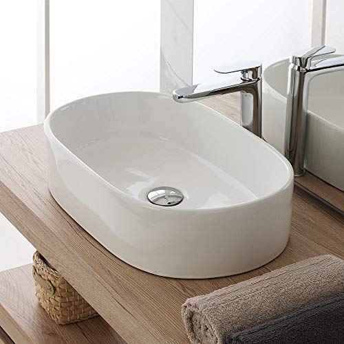 Lavabo da Appoggio Bianco in Ceramica, 55,5 x 34,5 x h.14 cm, Lucido dal Design Moderno