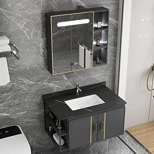 ARHAMS Lavabo Bagno con Mobile, Mobiletto da Bagno con 2 Ante, Mobile da Bagno In Alluminio Spaziale con Lavandino, Lavandino In Ceramica (Color : Rock Slab, Size : Smart Mirror Cabinet)