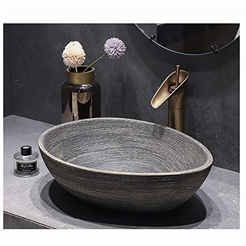 Lavabo Da Appoggio Set Retrò In Ceramica Con Rubinetto E Scarico，lavabo Pietra Bagno Lavello Ovale Ad Alta Capacità，lavandino Da Esterno Nero Per Bagno E Toilette 51*3(Color:lavabo da appoggio Suit A)