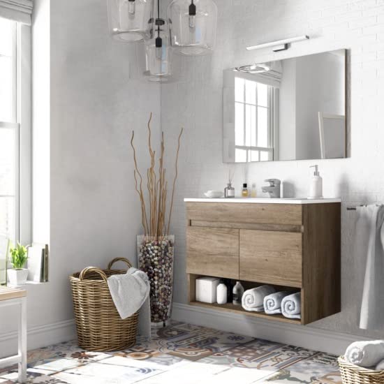 Bagno Italia Mobile bagno da cm 80 colore Rovere Nordik con lavandino specchio arredo moderno sospeso