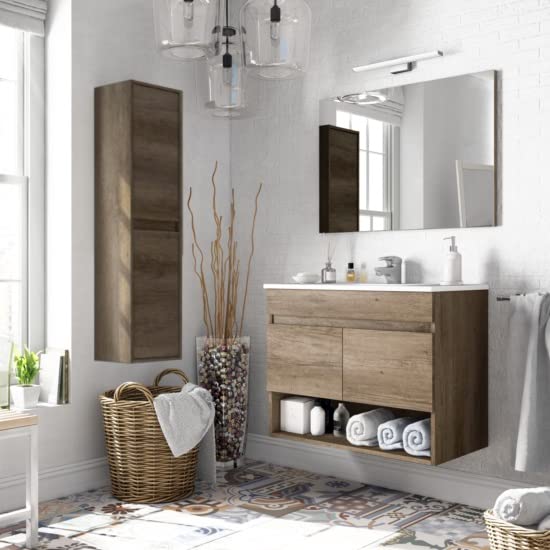 Bagno Italia Mobile Bagno cm 80 Rovere Nordik con lavandino Specchio colonna inclusa arredo moderno sospeso