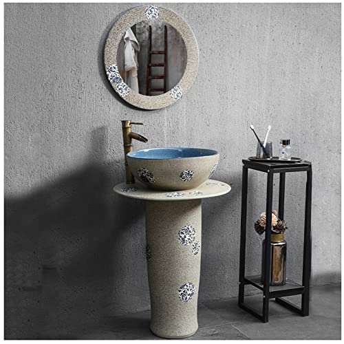 YRRA Lavabo Lavandino con Colonna in Porcellana Bagno, Lavabo da Appoggio Rotondo Ceramica, Lavandino a Colonna con Un Foro per la Rubinetteria,A,with Mirror