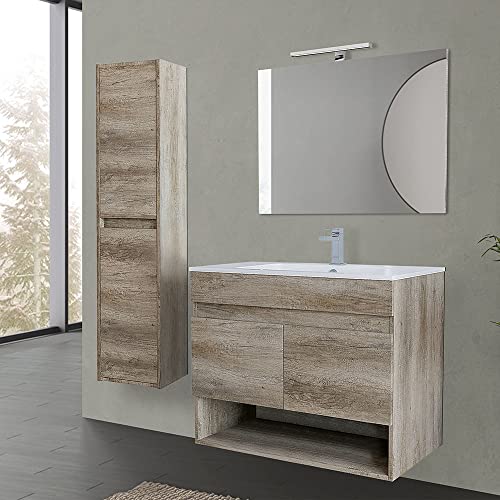 Mobile Bagno sospeso 80 cm, 2 Ante e vano a Giorno Serie Oasi, Colore Rovere con venatura Naturale, Completo di lavabo, Specchio e pensile Alto