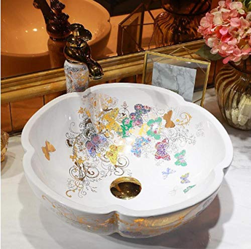 DWSS® lavabo da appoggio Lavandino del bagno lavabo in ceramica fatto a mano piccolo lavabo da appoggio in ceramica fiore artigianale-D