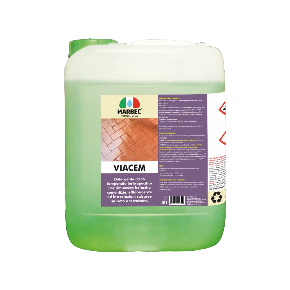 MARBEC VIACEM 5LT Detergente acido tamponato forte specifico per rimuovere boiacche cementizie, efflorescenze ed incrostazioni calcaree su cotto e terracotta.